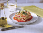 Potato Lasagna with Lemon Ricotta, Pesto and Spicy Tomato Coulis