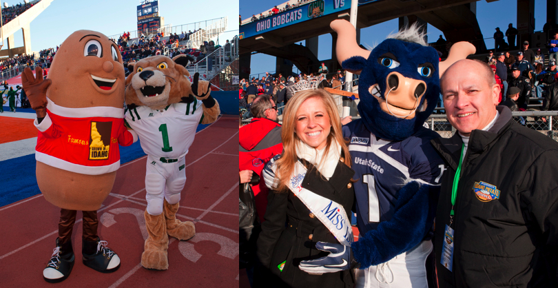 Frank Muir, President and CEO of the IPC (far right), Miss Idaho Genevieve Nutting (center) and Spuddy Buddy all played an important role in the festivities at the inaugural Famous Idaho® Potato Bowl.